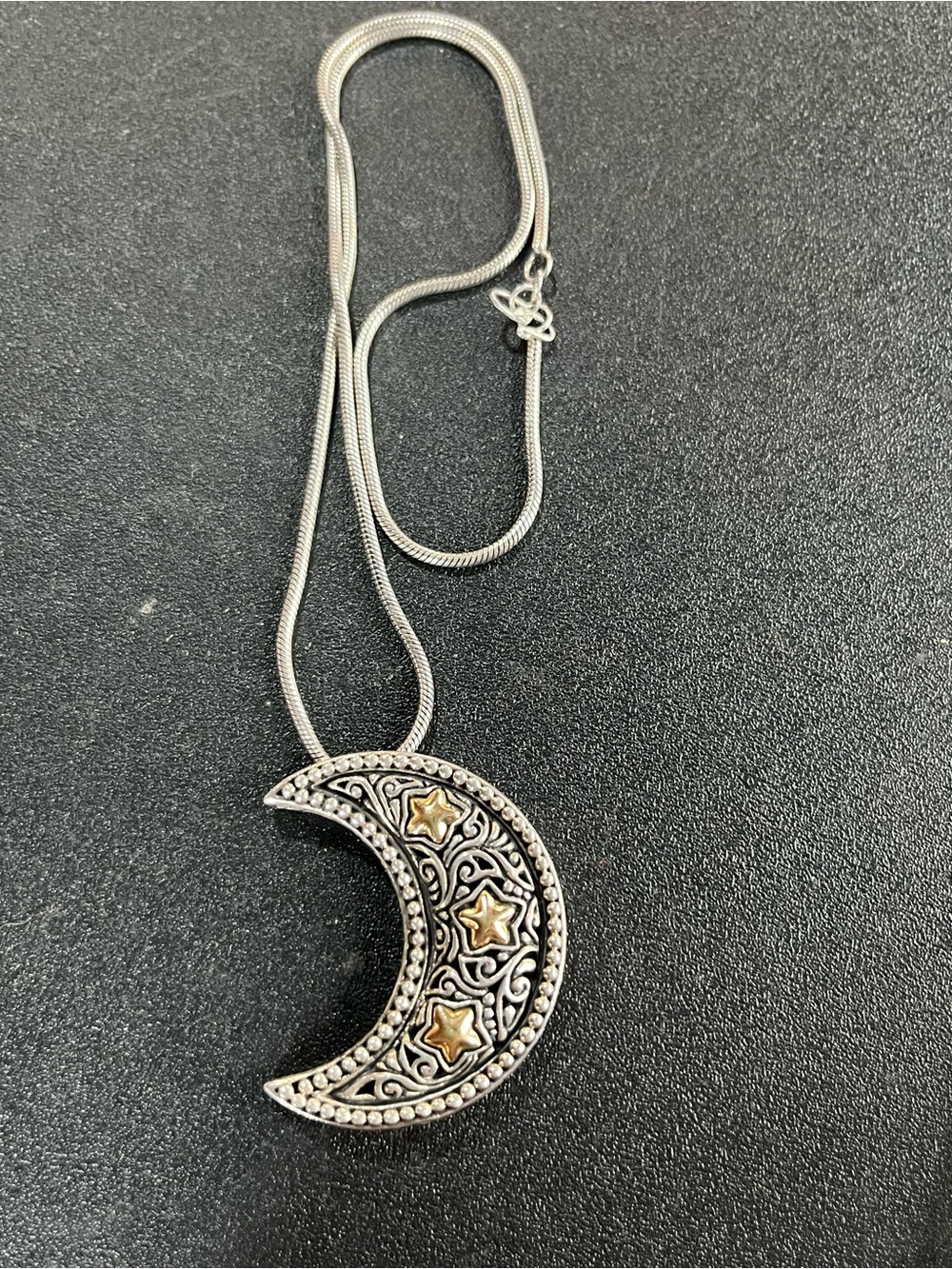 Sterling Crescent Moon and 18k gold star accent necklace. Signed BJC.